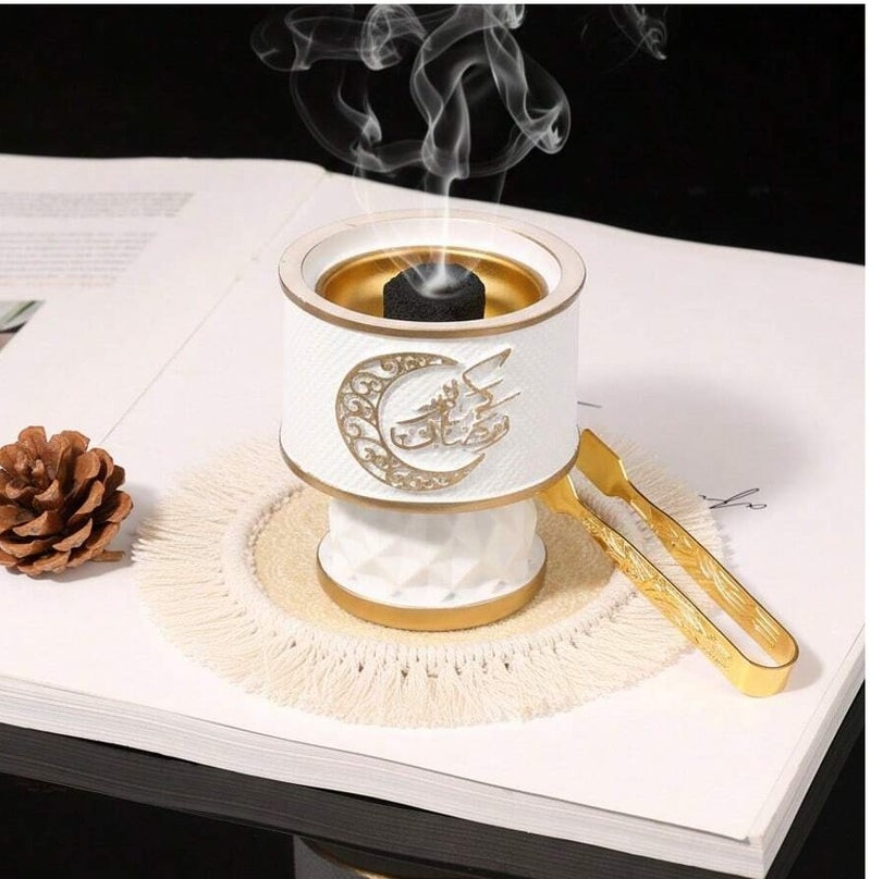 Ramadan Decoration Elegant white Incense Burner with Gold Details – Luxury Ramadan Decor - Image 1